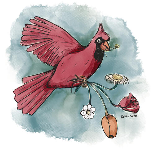 digital watercolor cardinal page from "all things bright and beautiful" mini book
